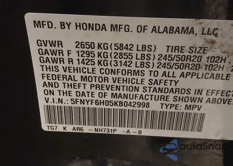 2019 Honda Pilot Elite z USA, uszkodzony, nr VIN 5FNYF6H05KB042998